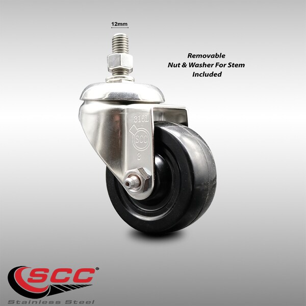 3 Inch 316SS Hard Rubber Wheel Swivel 12mm Threaded Stem Caster SCC